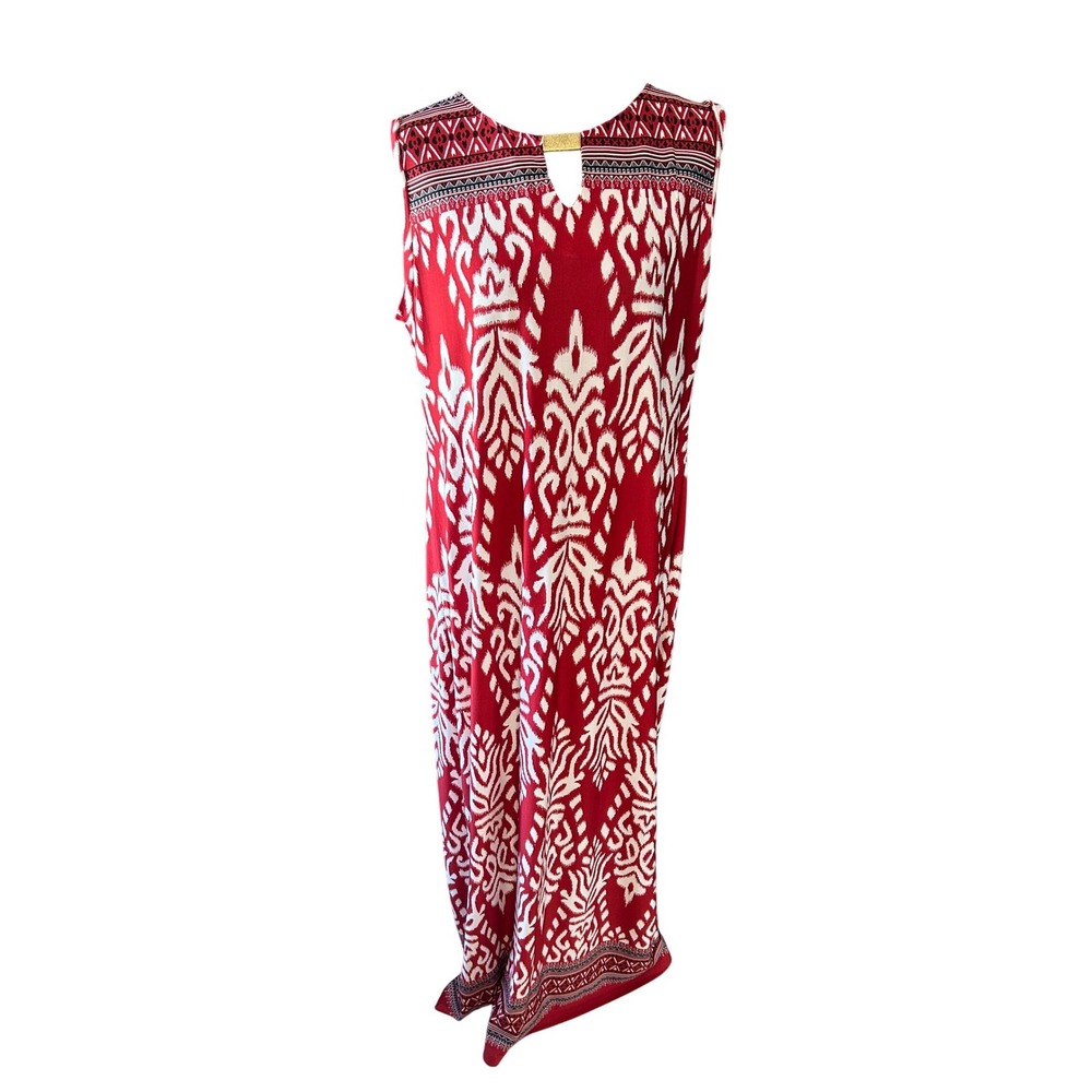 Sunny Leigh Red White Boho Ikat Maxi Dress Gold Bar Sleeveless Resort Size Large